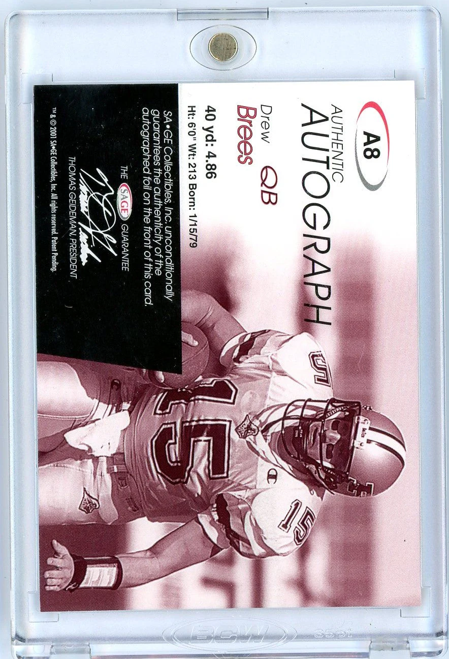2001 Sage SA-GE Authentic Autographs Drew Brees #A8 /749 Rookie RC Football Card - Image 2