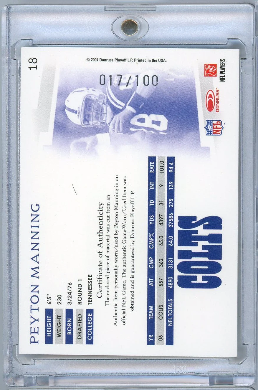 2007 Donruss Threads Peyton Manning #18 /100 Player Worn Relic Football Card - Image 2