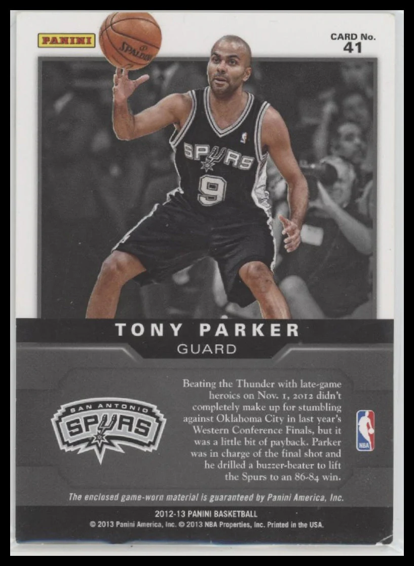 2012-13 Panini Game Jerseys Tony Parker #41 - Image 2