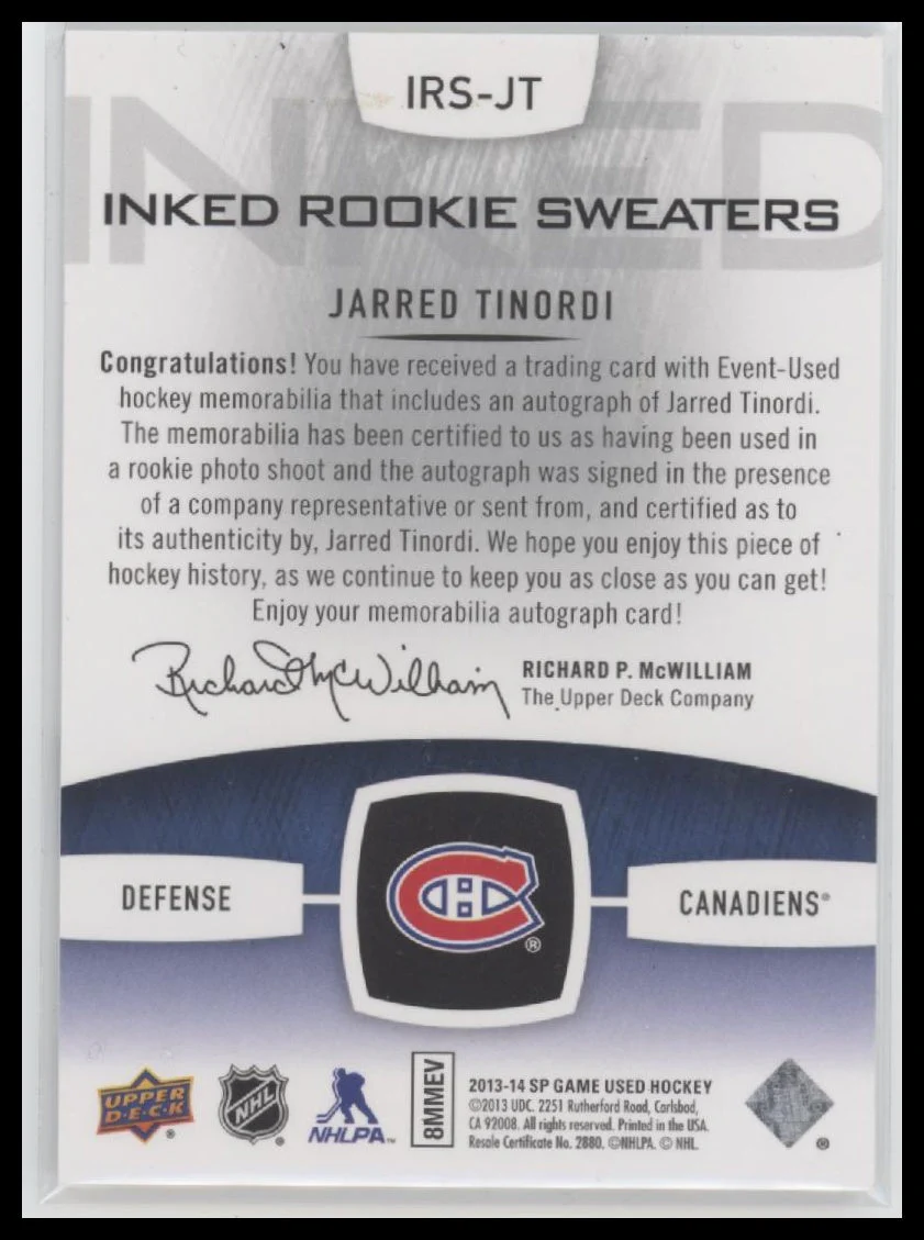 2013-14 SP Game Used Inked Rookie Sweaters Jarred Tinordi #/99 Auto #IRS-JT - Image 2