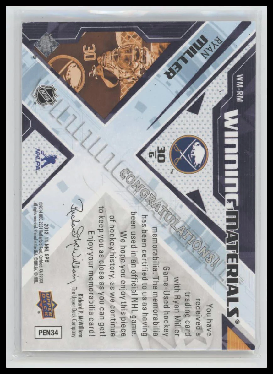 2013-14 SPx Winning Materials Ryan Miller #WM-RM - Image 2
