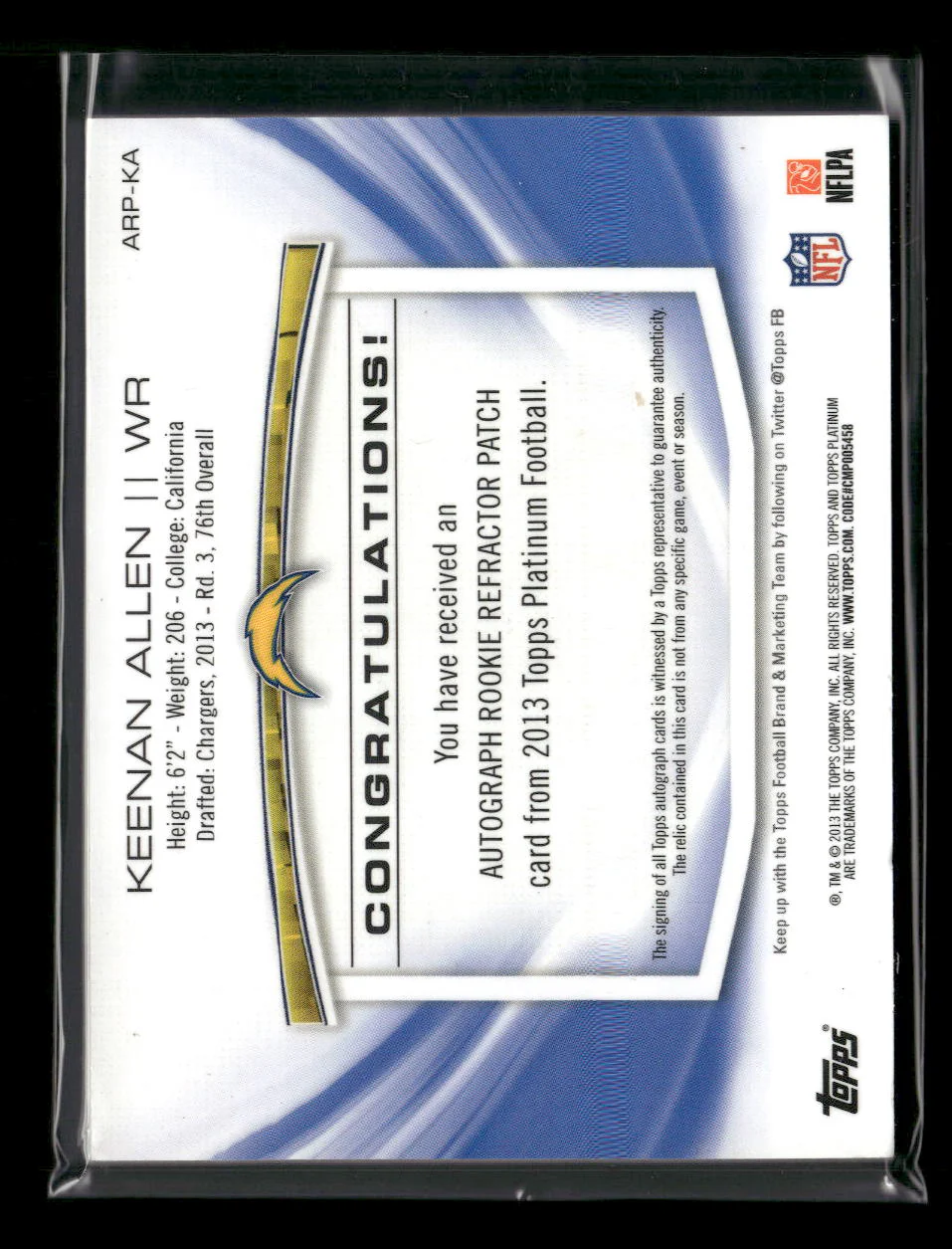 2013 Topps Platinum Rookie Patch/Auto Refractors Keenan Allen #/1000 #ARP-KA - Image 2