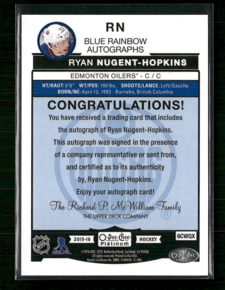 2015-16 O-Pee-Chee Platinum Blue-Rainbow-Autographs Ryan Nugent-Hopkins Auto #RN - Image 2