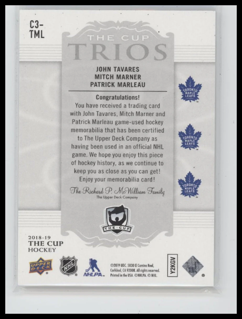 2018-19 Upper D The Cup Trios Jersey John T / Mitch M / Patrick M #/33 #C3-TML - Image 2