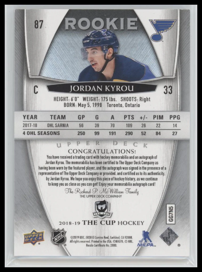 2018-19 Upper Deck The Cup Jordan Kyrou Rookie #/249 Auto #87 - Image 2