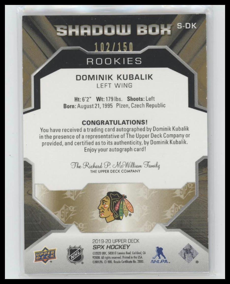 2019-20 SPx Shadow Box Rookies Autographs Dominik Kubalik #/150 Auto #S-DK - Image 2