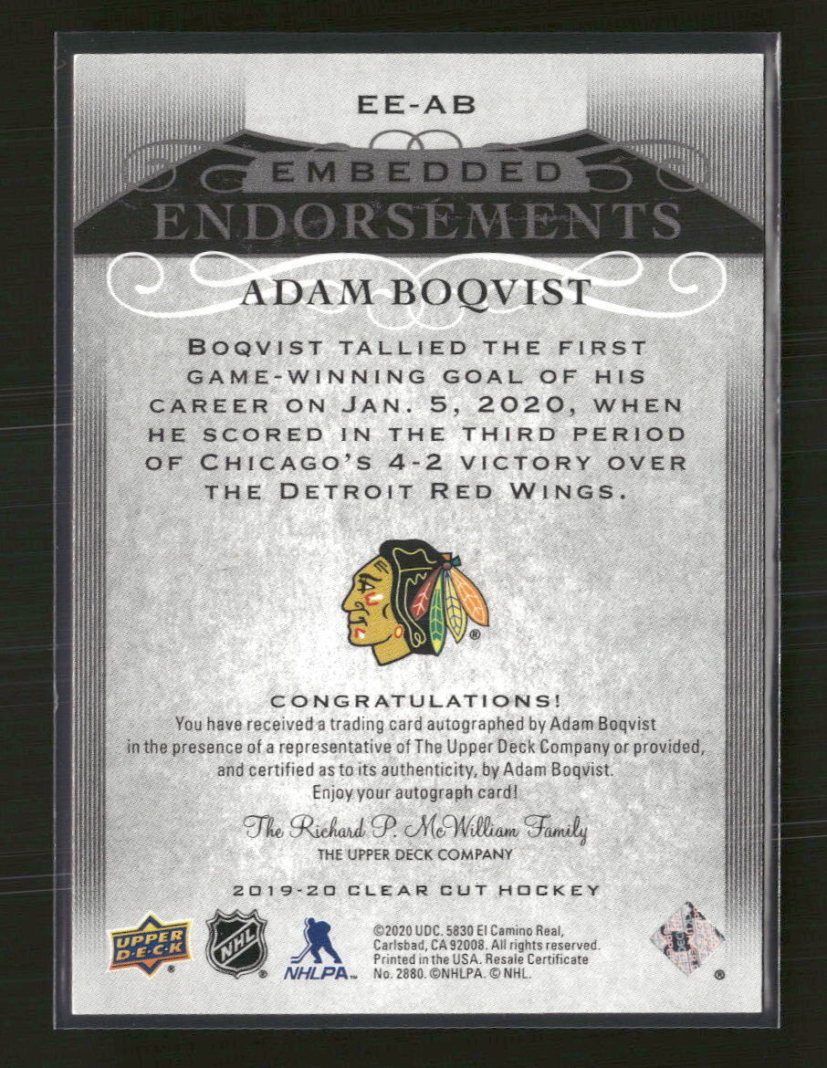 2019-20 Upper Deck Clear Cut Embedded Endorsements Adam Boqvist #/99 Auto #EE-AB - Image 2