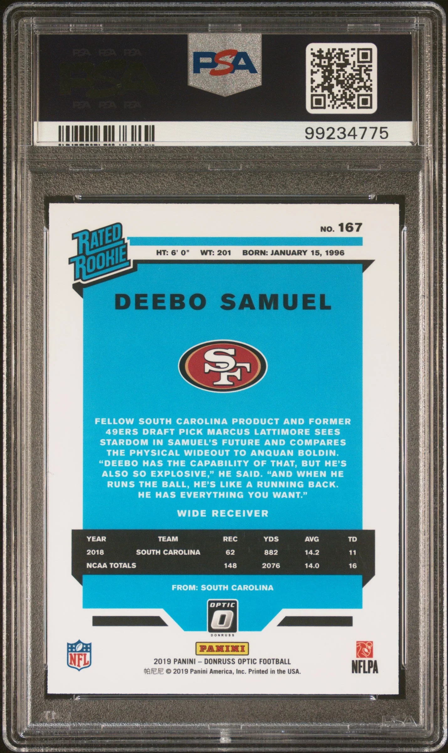 2019 Panini Donruss Optic Deebo Samuel PSA Authentic Auto 10 #167 - Image 2