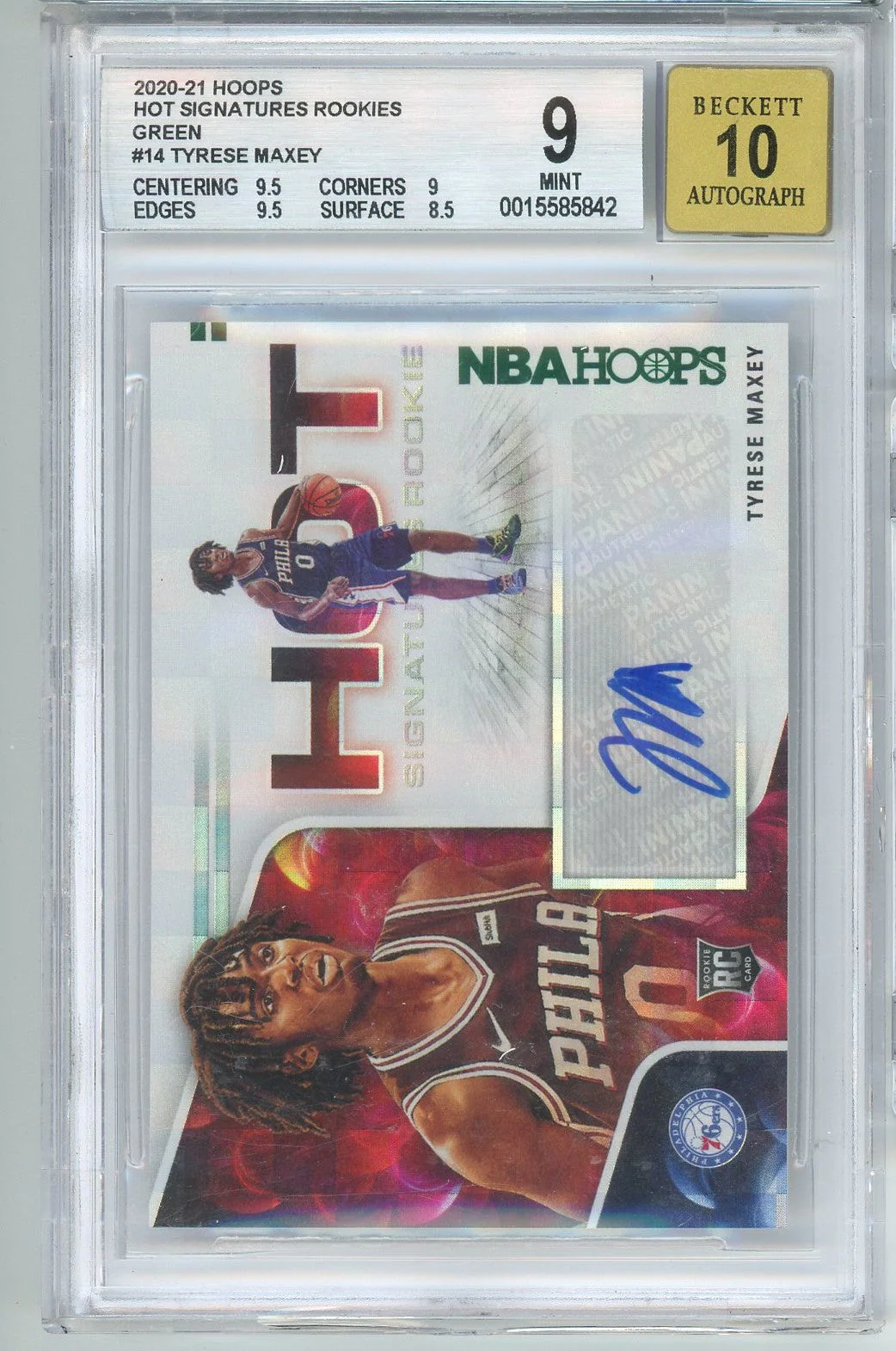 2020 Panini Hoops Tyrese Maxey #HR-TMA Hot Signatures Rookies Green Autograph Rookie RC Basketball Card BGS 10 Auto