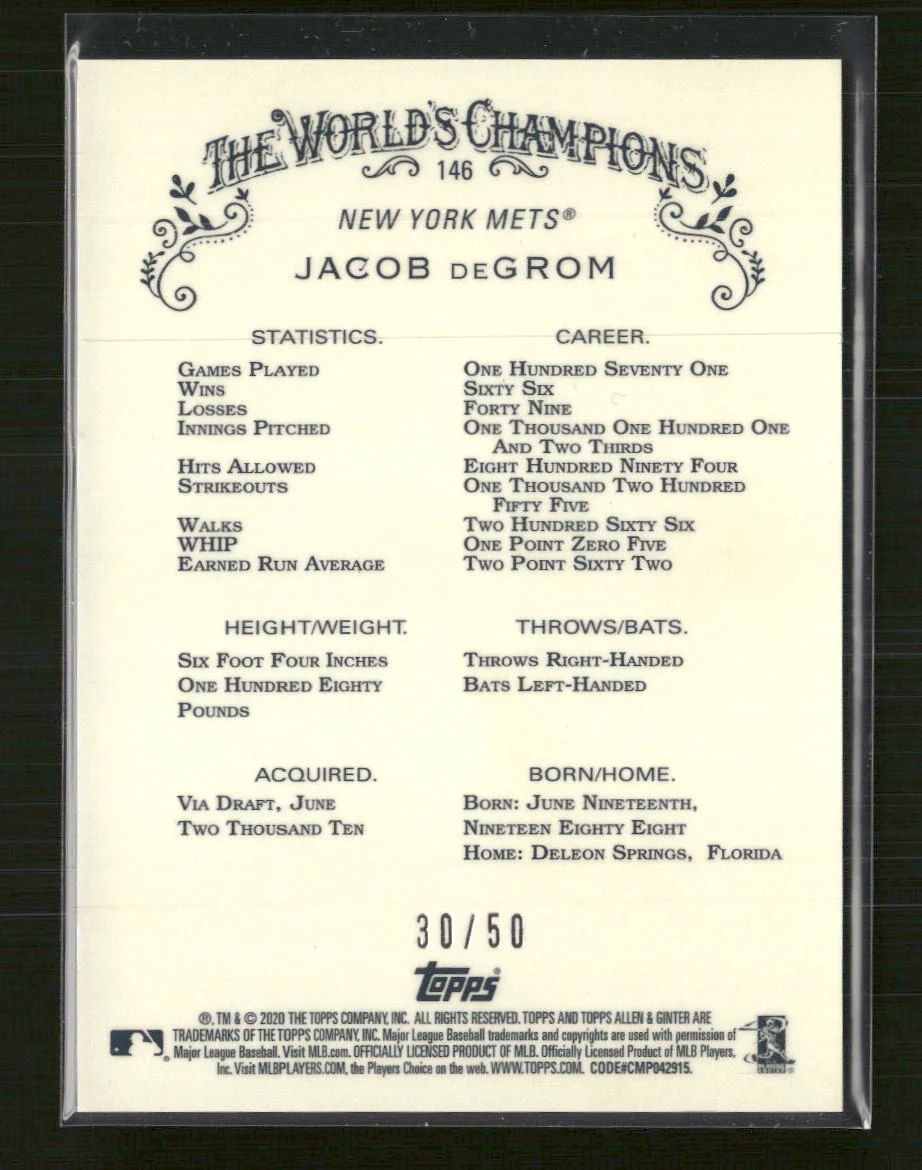 2020 Topps Allen & Ginter Gold Refractor #/50 Jacob DeGrom #146 - Image 2