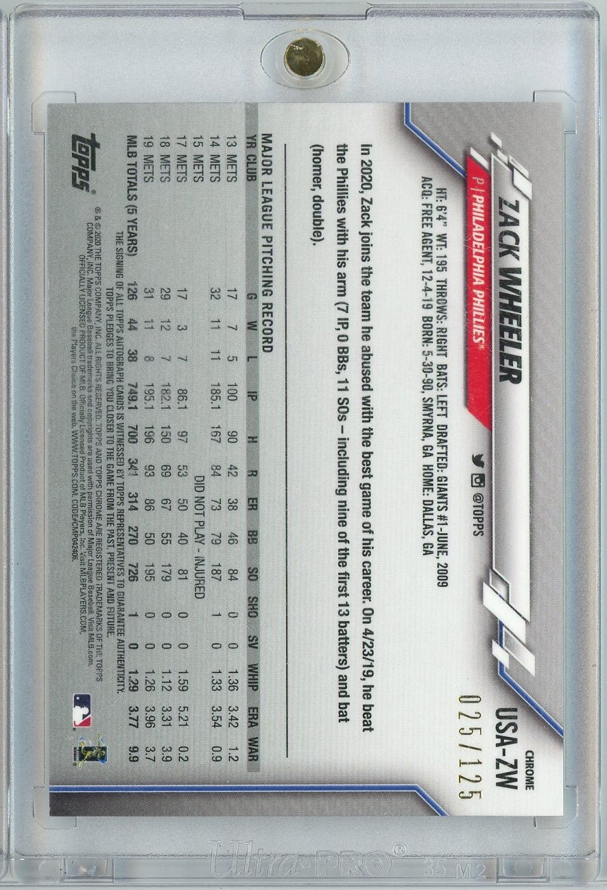 2020 Topps Chrome Zack Wheeler #USAZW /125 Xfractor Auto Philadelphia Phillies Baseball Card - Image 2