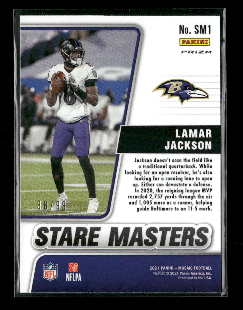 2021 Panini Mosaic Stare Masters Prizm Blue Lamar Jackson #/99 #SM1 - Image 2