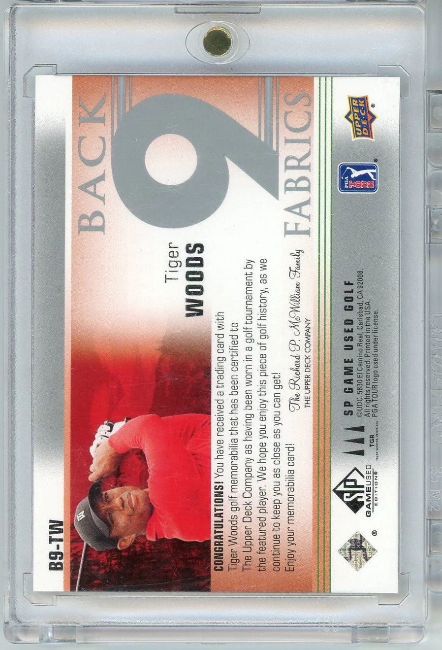 2021 Upper Deck SP Game Used Back 9 Fabrics Tiger Woods #B9TW Event Worn Relic Golf Card - Image 2