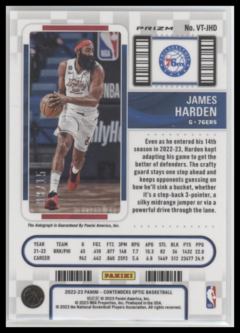 2022-23 Panini Contenders Veteran Ticket Orange James Harden #/15 Auto #VT-JHD - Image 2