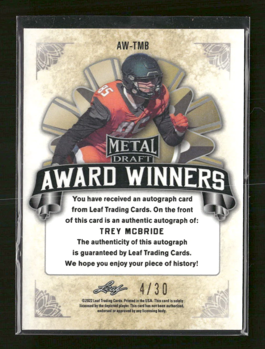2022 Leaf Metal Draft Award Winners Wave Silver Trey McBride #/30 Auto #AW-TMB - Image 2