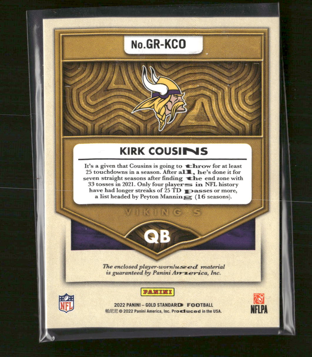 2022 Panini Gold Standard Gold Rush Kirk Cousins #/299 #GR-KCO - Image 2