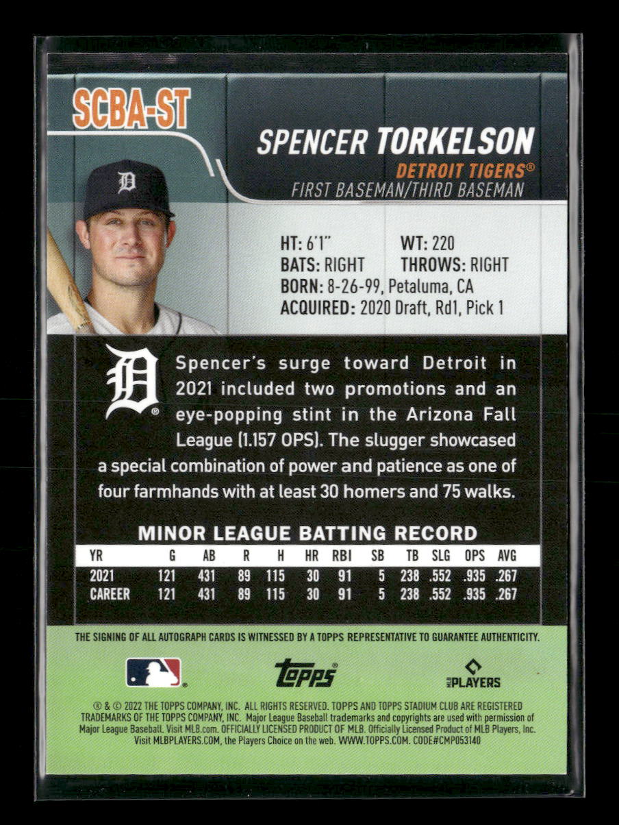 2022 Stadium Club Autographs Spencer Torkelson Auto #SCBA-ST - Image 2