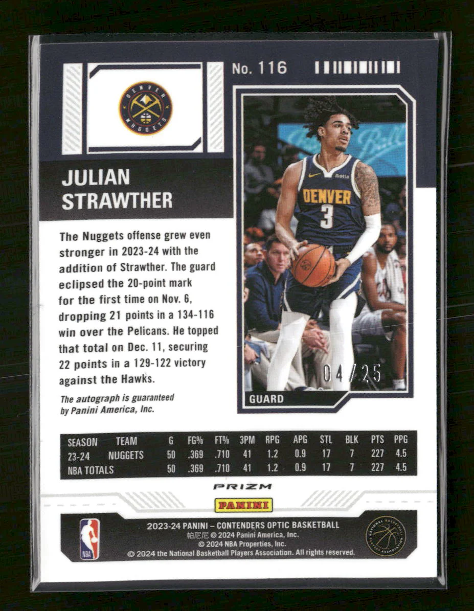 2023-24 Panini Contenders Optic Orange Julian Strawther Rookie #/25 Auto #116 - Image 2