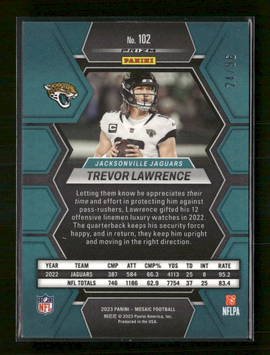 2023 Panini Mosaic Blue Sparkle Trevor Lawrence #/96 #102 - Image 2