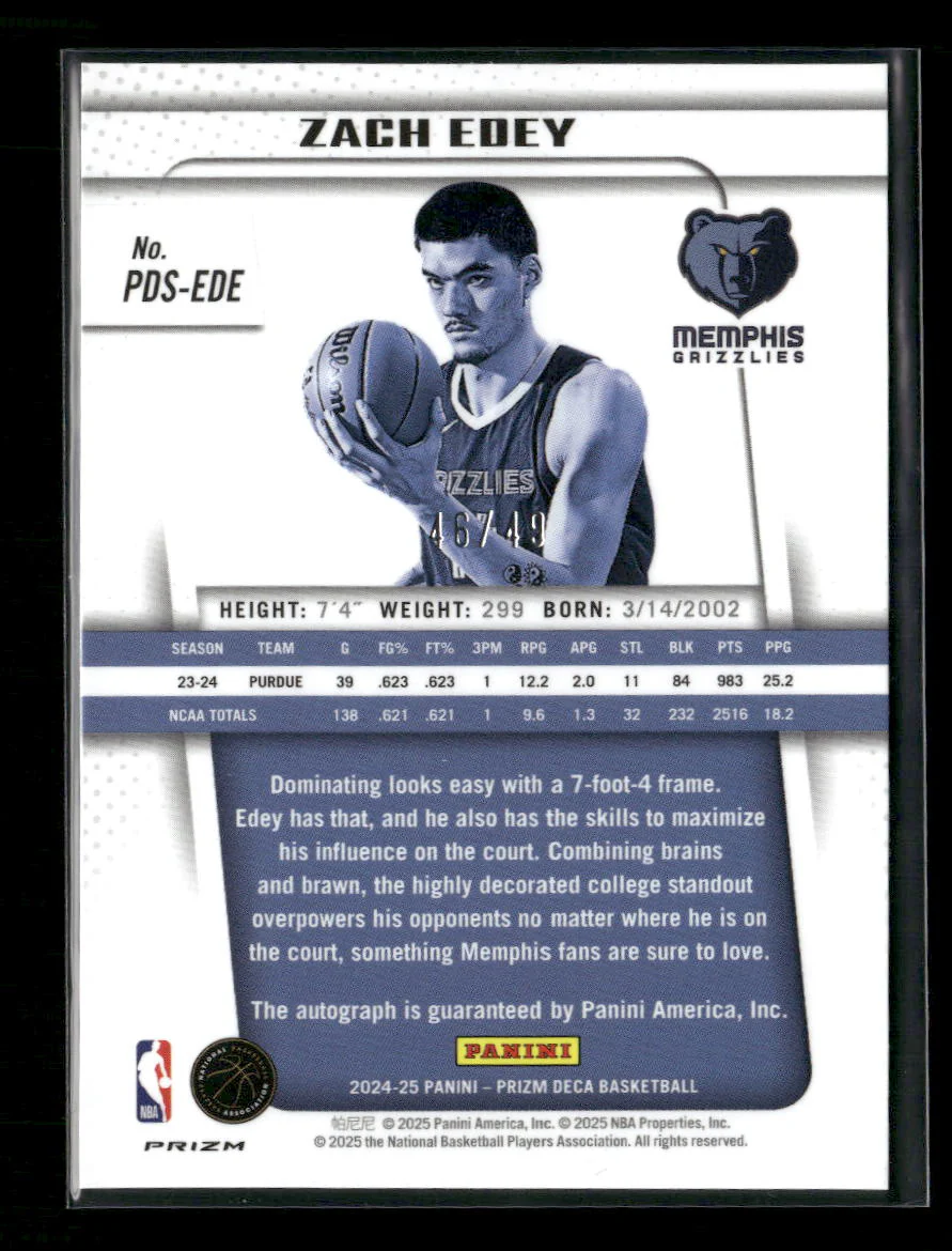 2024-25 Panini Prizm Deca Signatures Blue Zach Edey #/49 Auto #PDS-EDE - Image 2