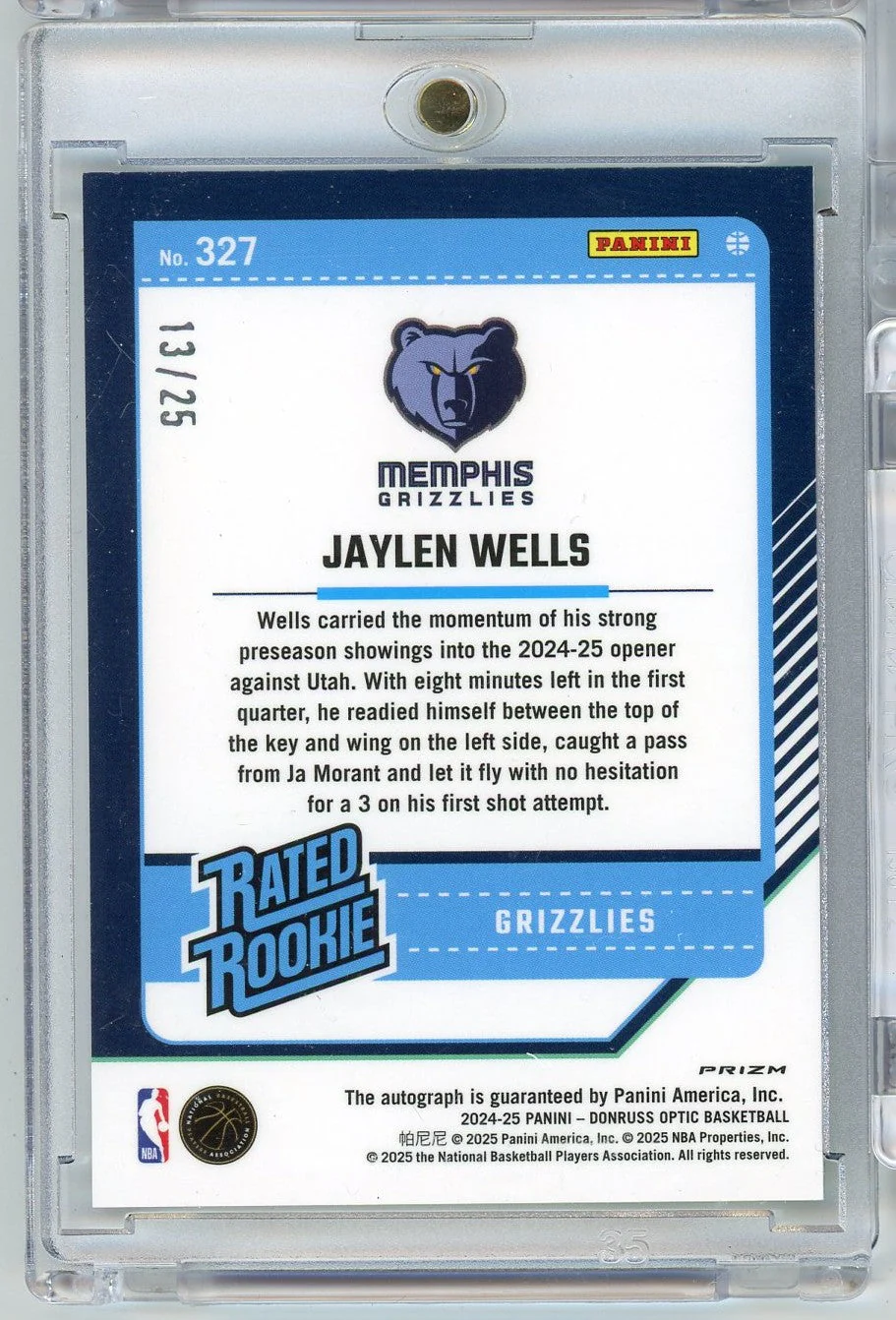 2024 Donruss Optic Jaylen Wells #327 /25 Green Scope Auto Rookie RC Basketball Card - Image 2