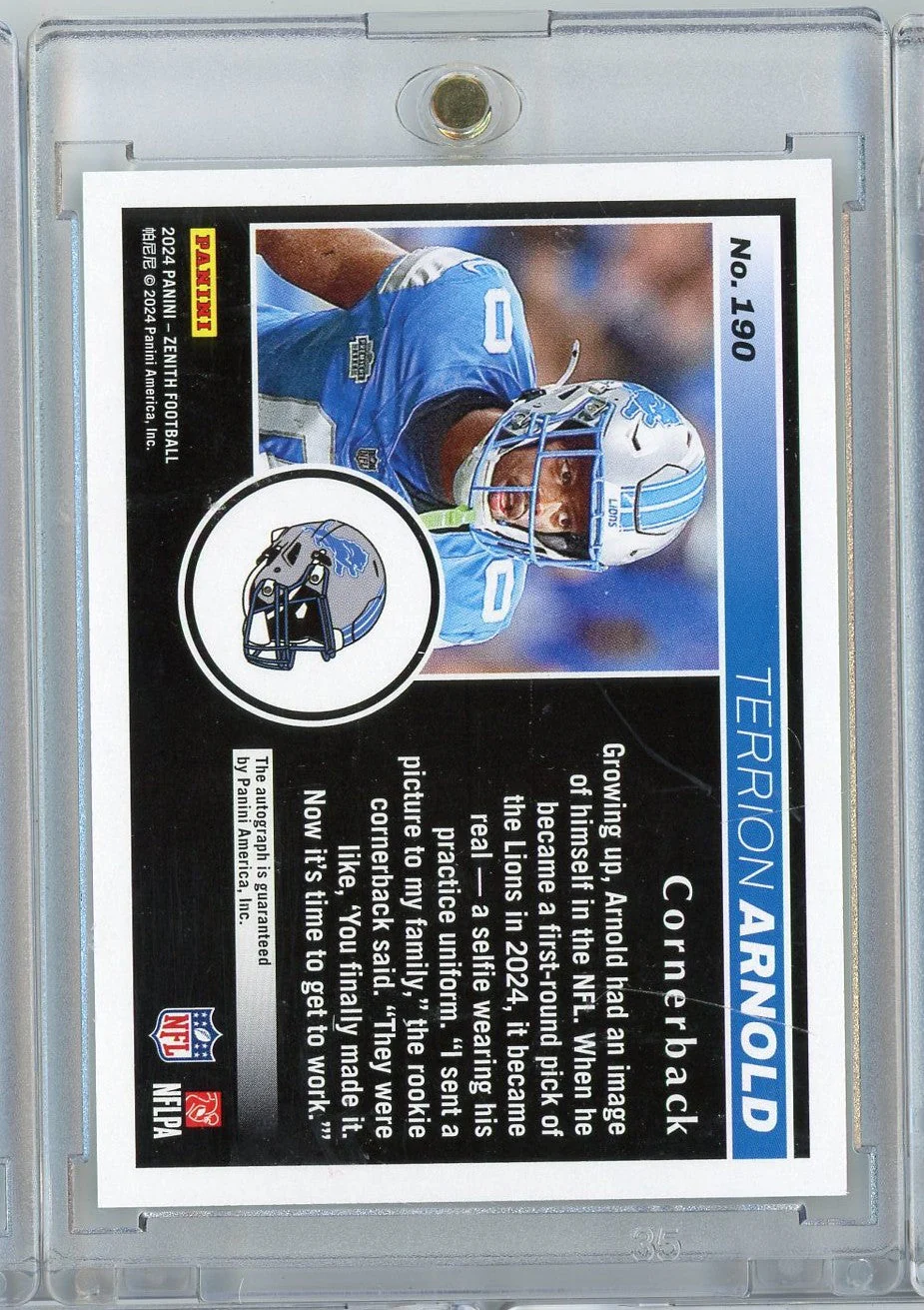 2024 Panini Zenith Terrion Arnold #190 2 Minute Drill Green Autograph Rookie RC Football Card - Image 2