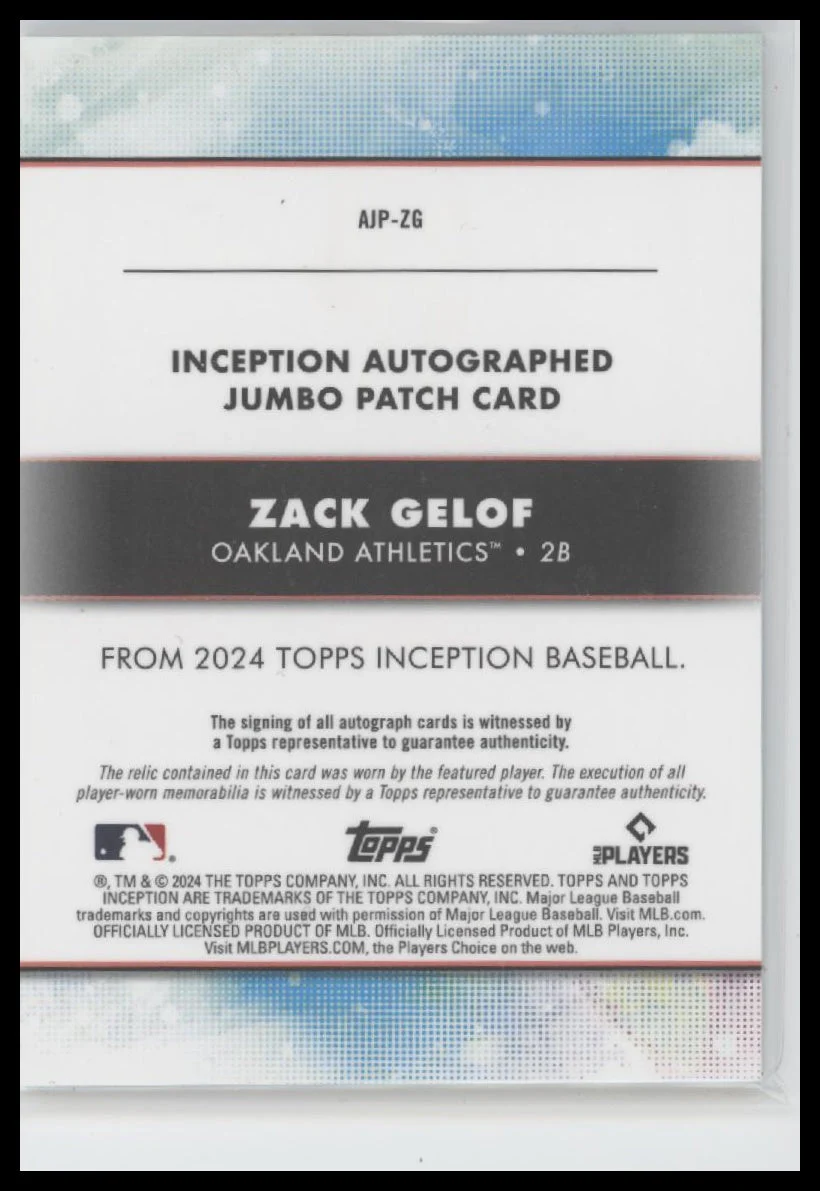 2024 Topps Inception Autographed Jumbo Patch Aqua Zack Gelof #/50 Auto #AJP-ZG - Image 2