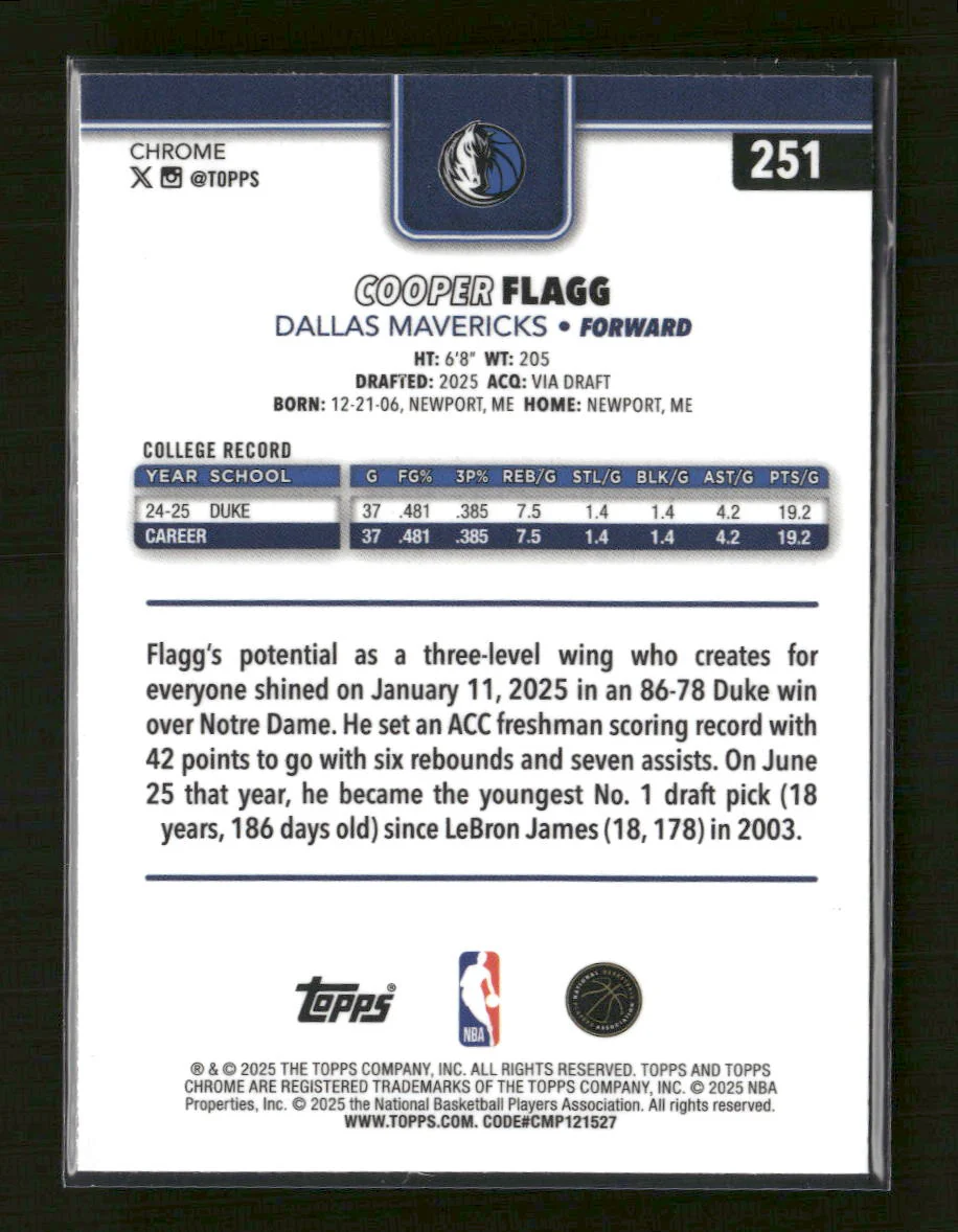 2025-26 Topps Chrome Cooper Flagg Rookie #251 - Image 2