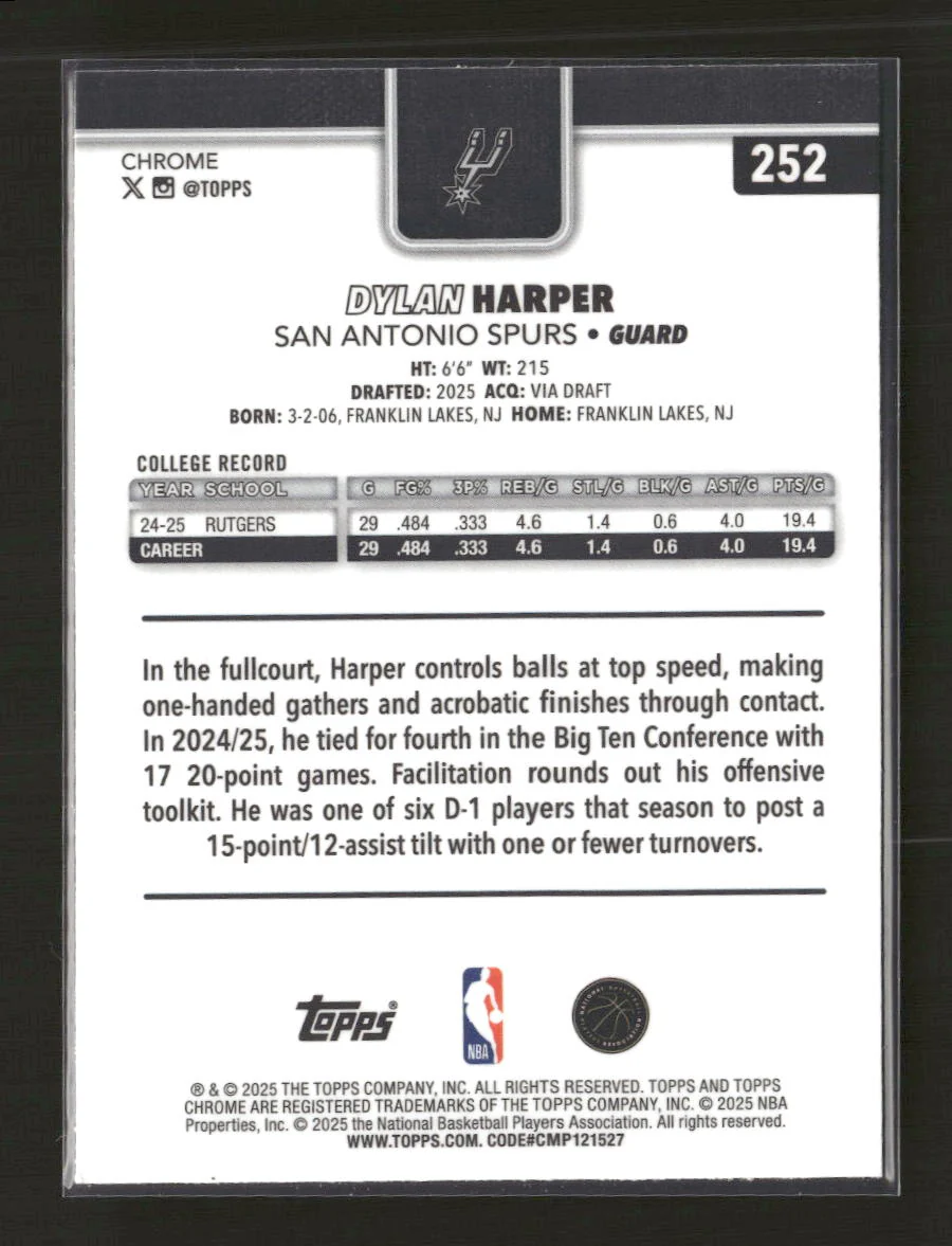 2025-26 Topps Chrome X-Fractor Dylan Harper Rookie #252 - Image 2