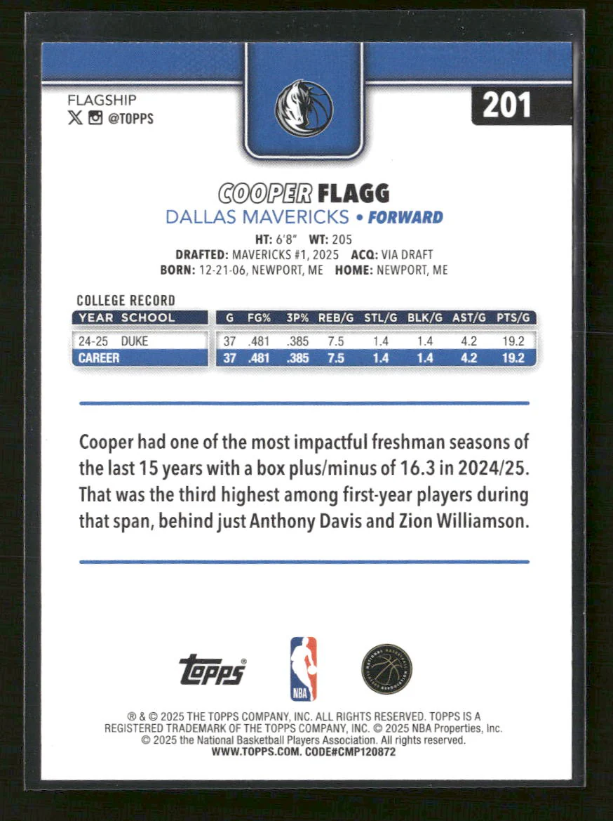 2025-26 Topps Cooper Flagg Rookie #201 - Image 2