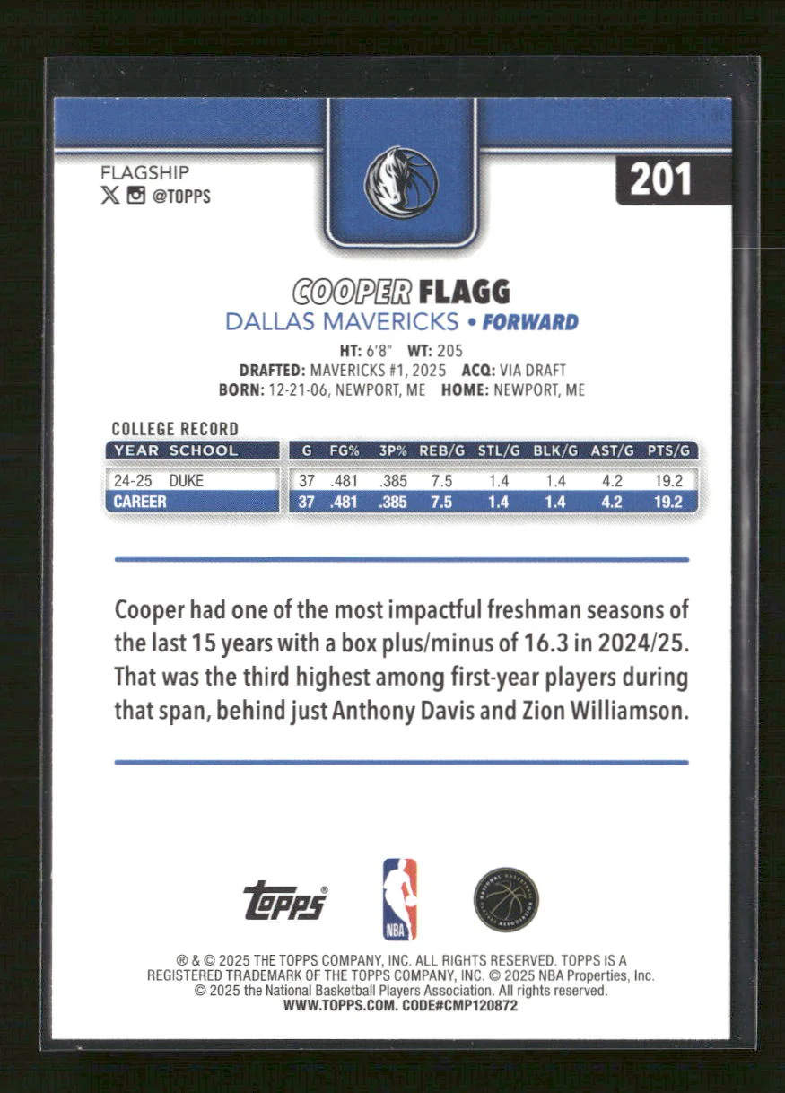 2025-26 Topps Foil Pattern Cooper Flagg Rookie #201 - Image 2