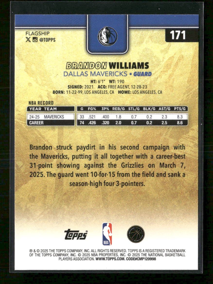 2025-26 Topps Golden Mirror Brandon Williams #171 - Image 2