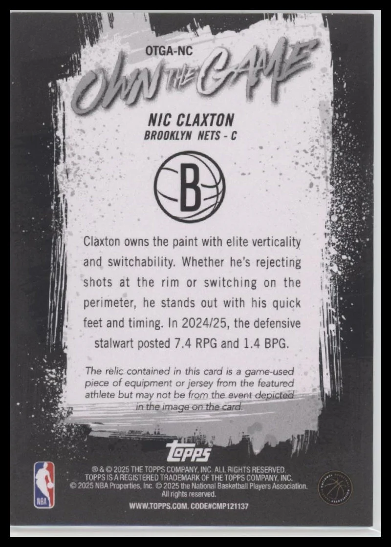 2025-26 Topps Own the Game Orange Rainbow Nic Claxton #/25 #OTGA-NC - Image 2
