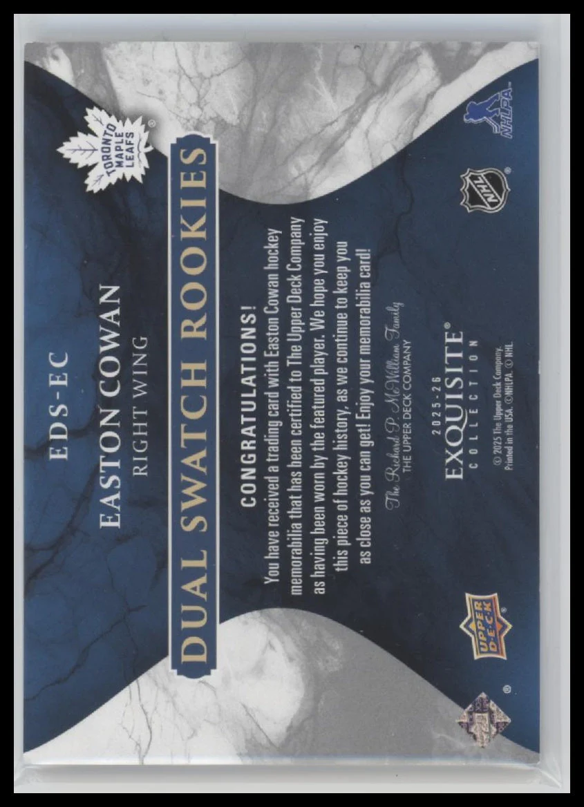 2025-26 Upper D Black Diamond Dual Swatch Rookies Easton Cowan #/75 #EDS-EC - Image 2