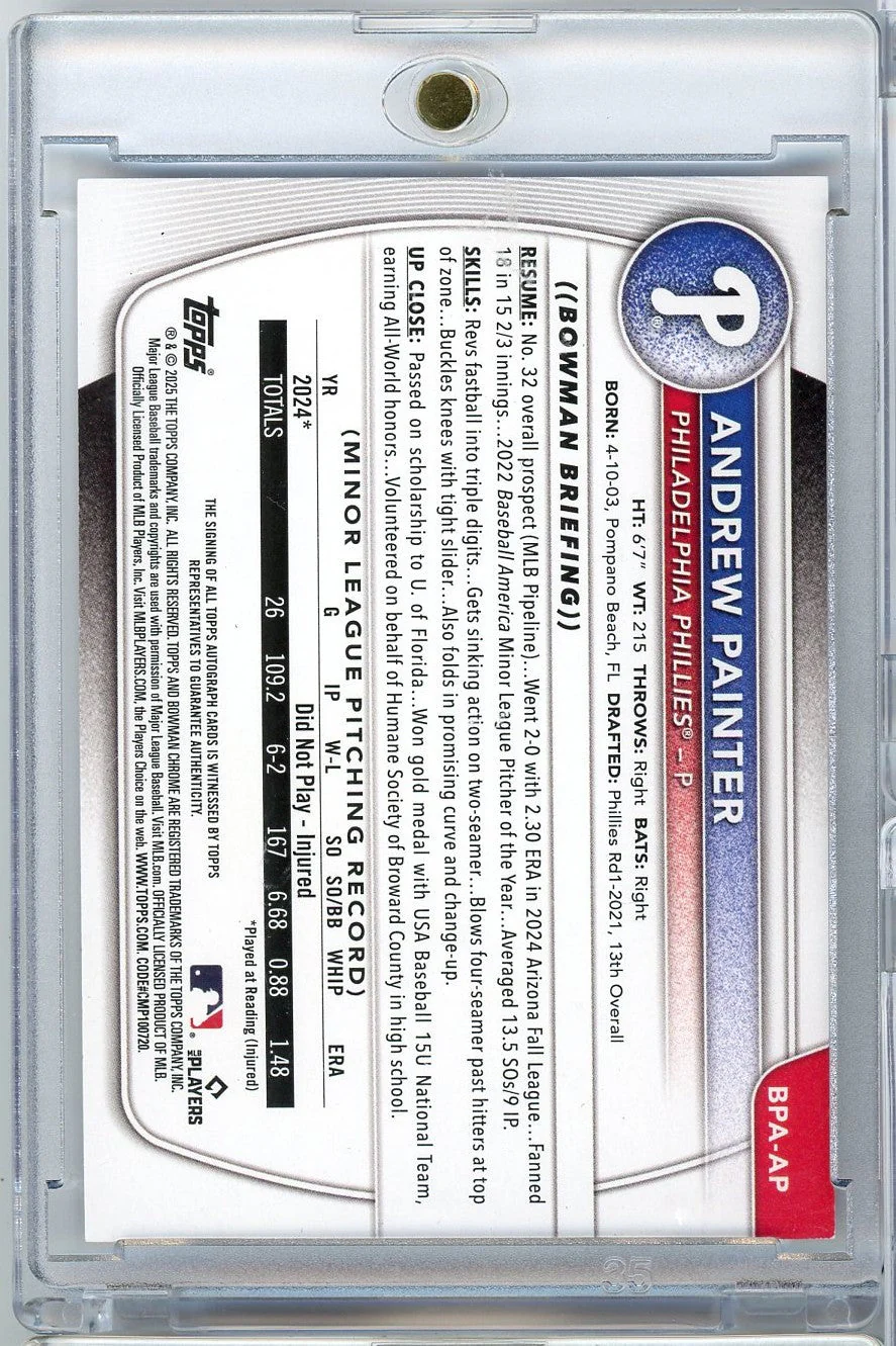 2025 Bowman Andrew Painter #BPAAP /250 Purple Autograph Rookie RC Baseball Card - Image 2