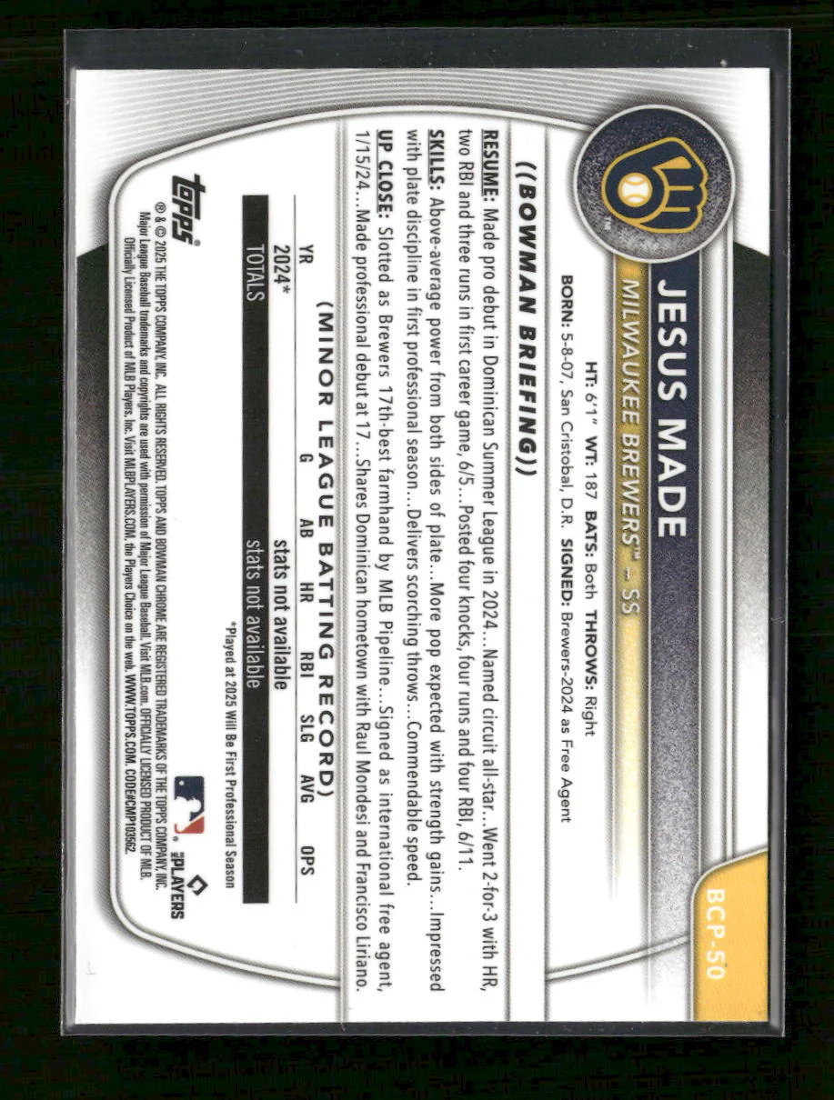 2025 Bowman Chrome Prospects Aqua Mojo #/125 Jesus Made #BCP-50 - Image 2