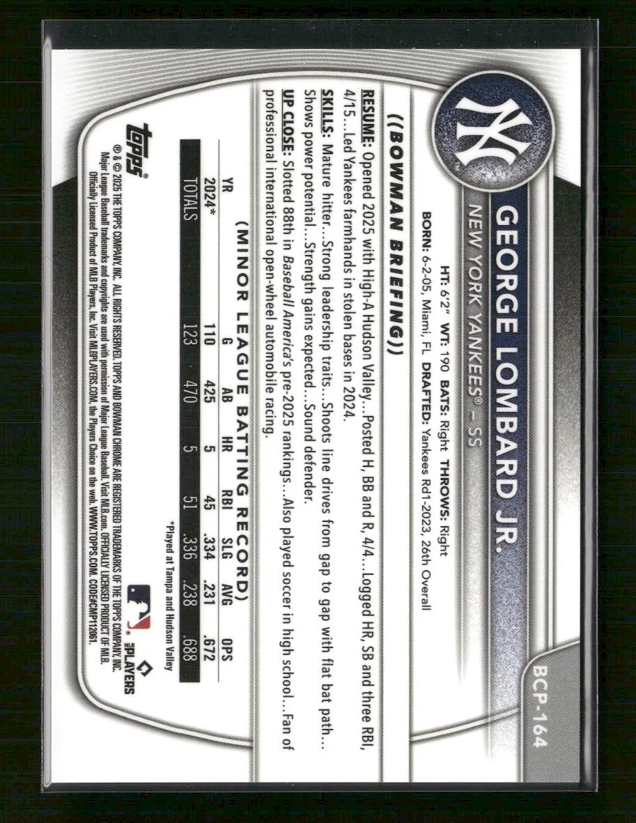 2025 Bowman Chrome Prospects Orange George Lombard Jr. #/25 #BCP-164 - Image 2