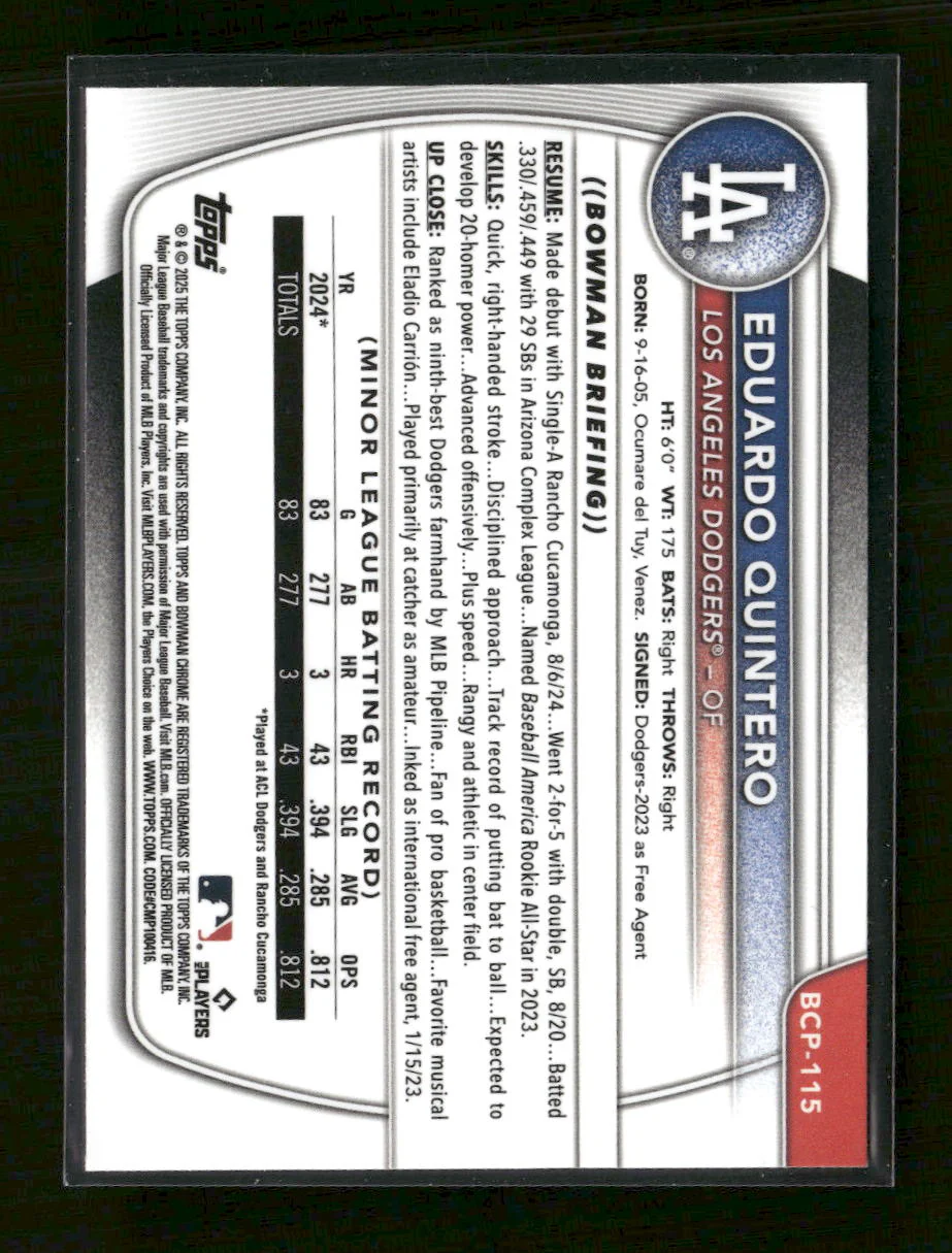 2025 Bowman Chrome Prospects Reptilian Refractor Eduardo Quintero #BCP-115 - Image 2