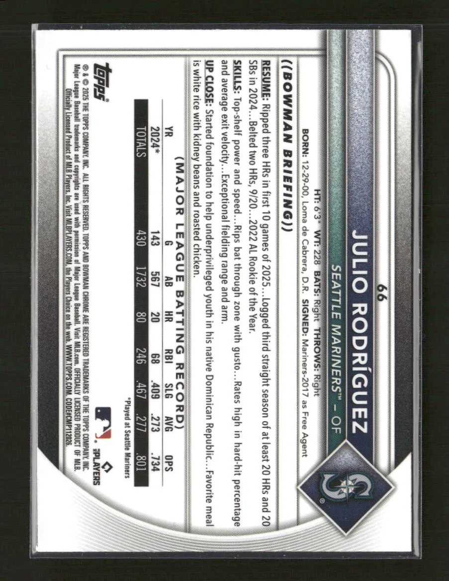 2025 Bowman Chrome Pulsar Julio Rodríguez #/399 #66 - Image 2
