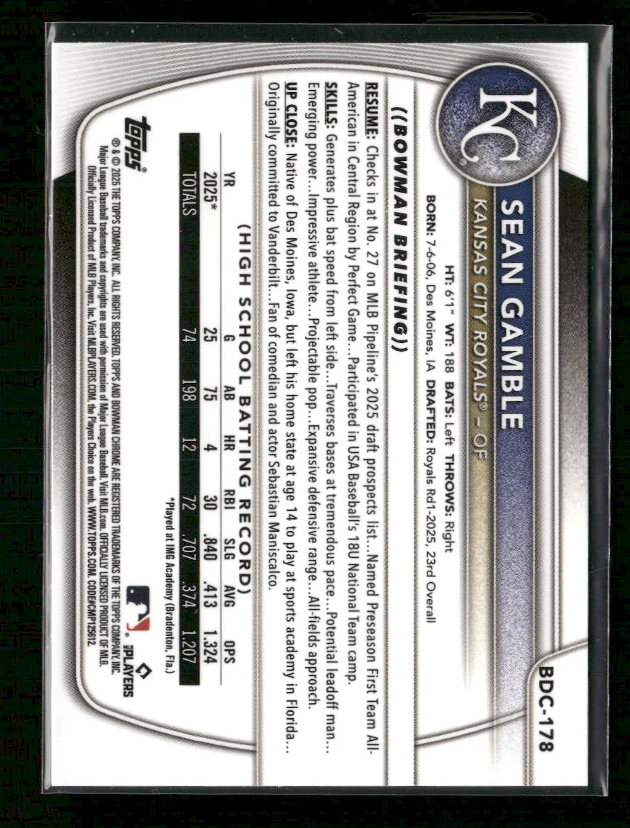 2025 Bowman Draft Chrome Yellow Geometric Sean Gamble #/75 #BDC-178 - Image 2