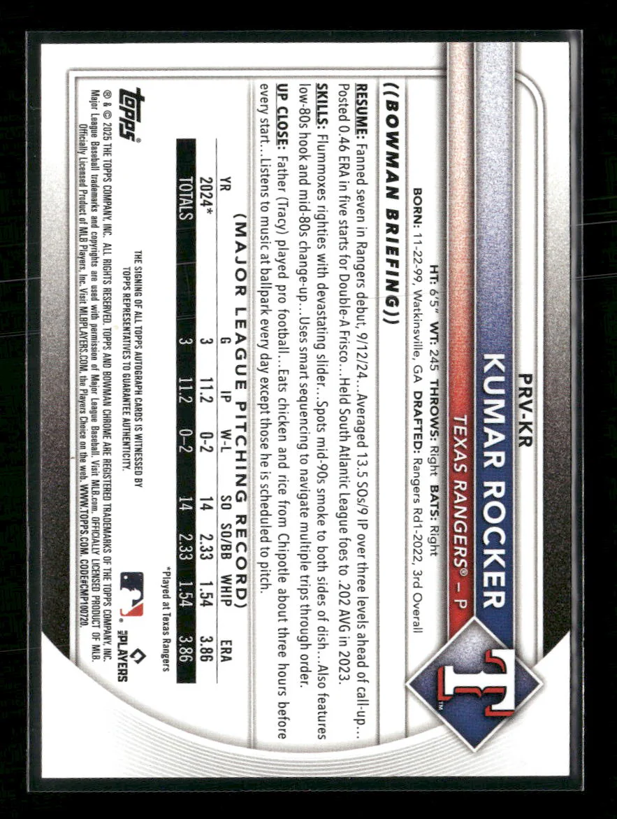 2025 Bowman Rookies and Veterans Autographs Blue Kumar Rocker #/150 Auto #PRV-KR - Image 2