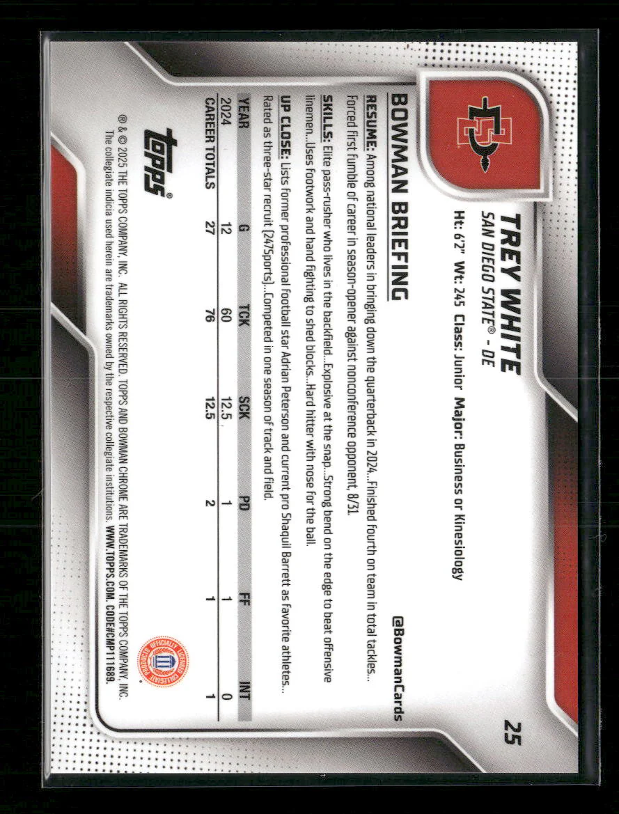 2025 Bowman University Chrome Red Shimmer Refractor Trey White 8/10 #25 - Image 2
