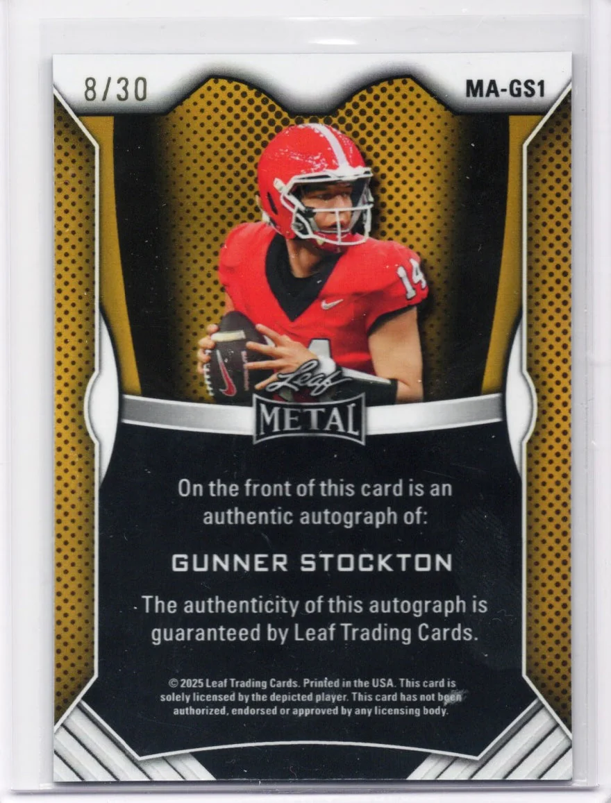 2025 Leaf Metal Gunner Stockton #MAGS1 Blue Shimmer Auto /30 Georgia Bulldogs Rookie RC Football Card - Image 2