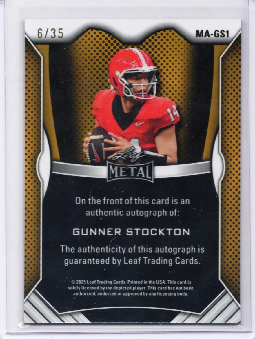 2025 Leaf Metal Gunner Stockton #MAGS1 Light Blue Shimmer Auto /35 Georgia Bulldogs Rookie RC Football Card - Image 2