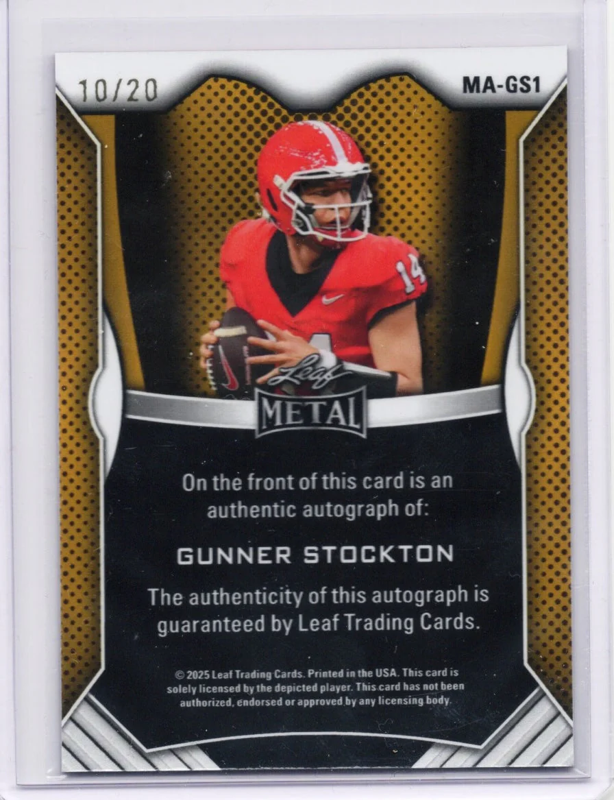 2025 Leaf Metal Gunner Stockton #MAGS1 Pink Ice Auto /20 Georgia Bulldogs Rookie RC Football Card - Image 2