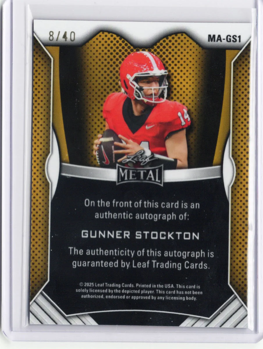 2025 Leaf Metal Gunner Stockton #MAGS1 Red Shimmer Auto /40 Georgia Bulldogs Rookie RC Football Card - Image 2