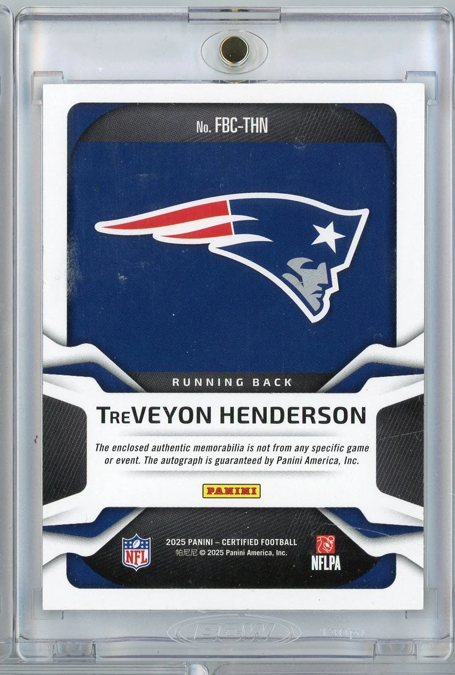 2025 Panini Certified Freshman Fabric TreVeyon Henderson #FBCTHN /20 Relic Auto New England Patriots Rookie RC Football Card - Image 2