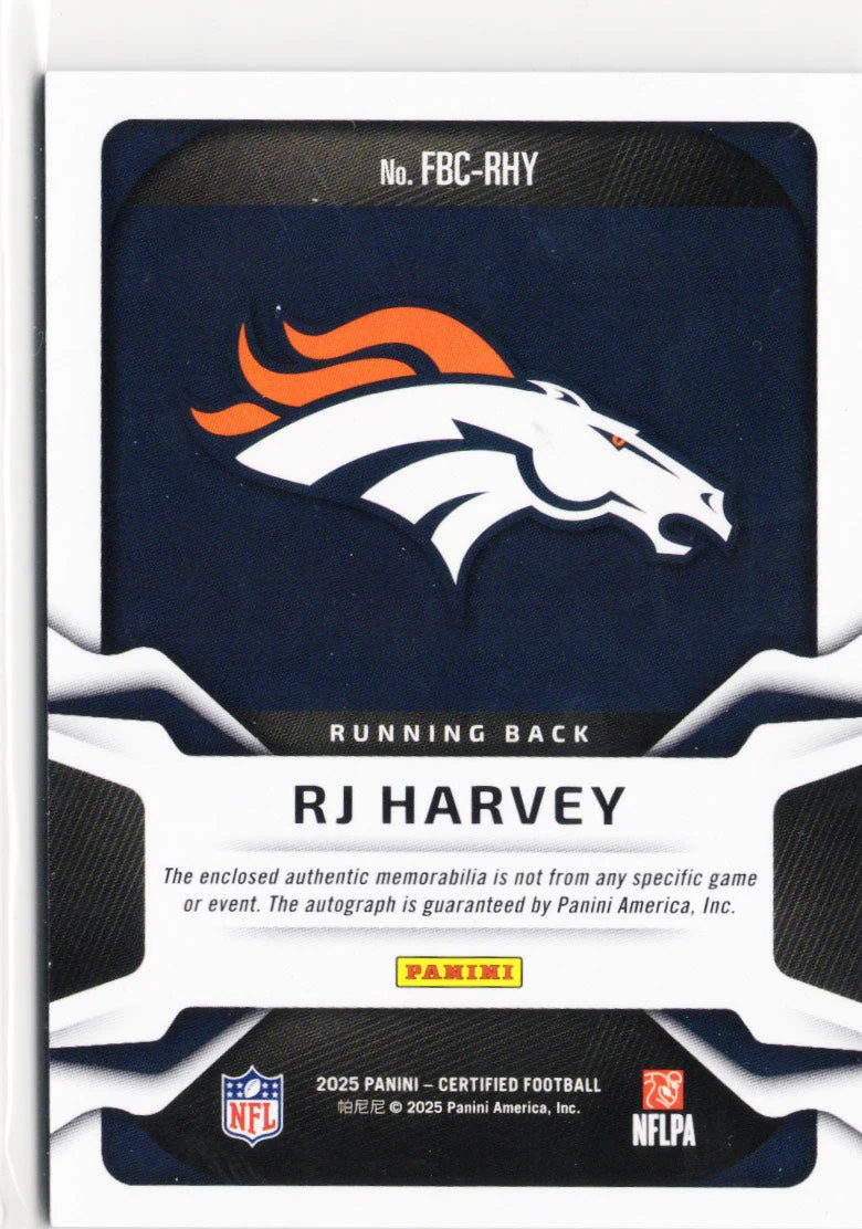 2025 Panini Certified RJ Harvey #FBCRHY Freshman Fabric Patch Auto /499 Denver Broncos RC Rookie Football Card - Image 2