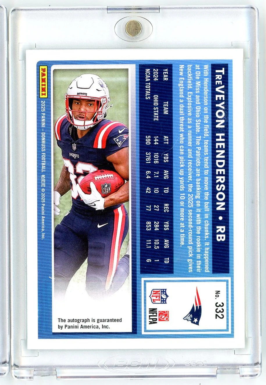 2025 Panini Donruss TreVeyon Henderson #332 Green Auto New England Patriots Rookie RC Football Card - Image 2