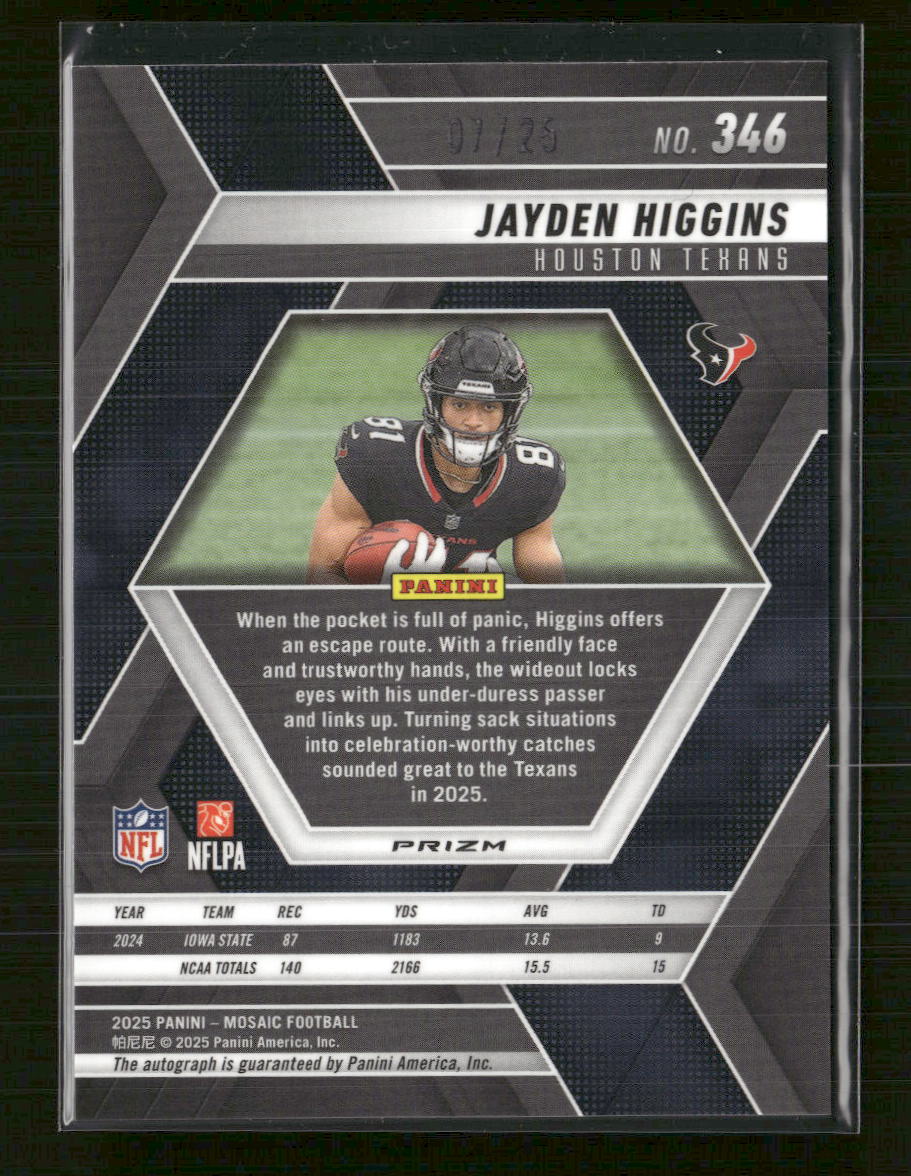2025 Panini Mosaic Mosaic White Jayden Higgins Rookie #/25 #346 - Image 2